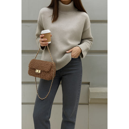 Teddy Schoudertas – Warme Textuur met Luxe Gouden Details