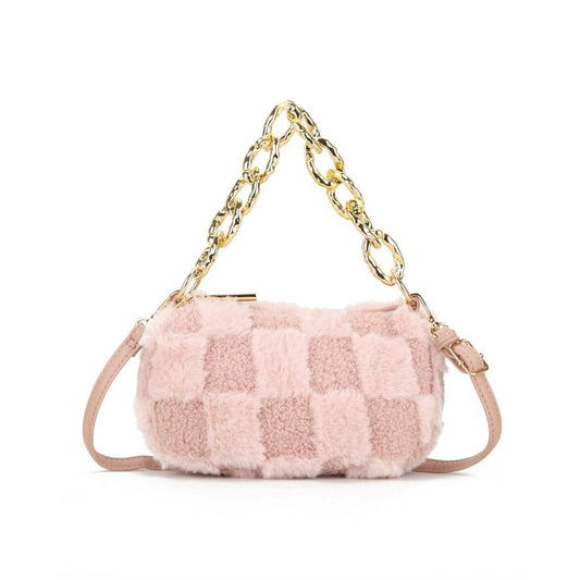 Teddy Squares – Zachte Blokpatroon Schoudertas met Goudaccenten